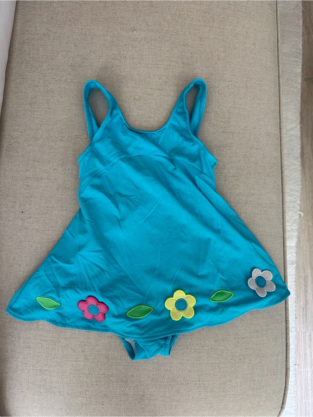 Florence Eiseman Turquoise Girls Swimdress with Floral Appliqués